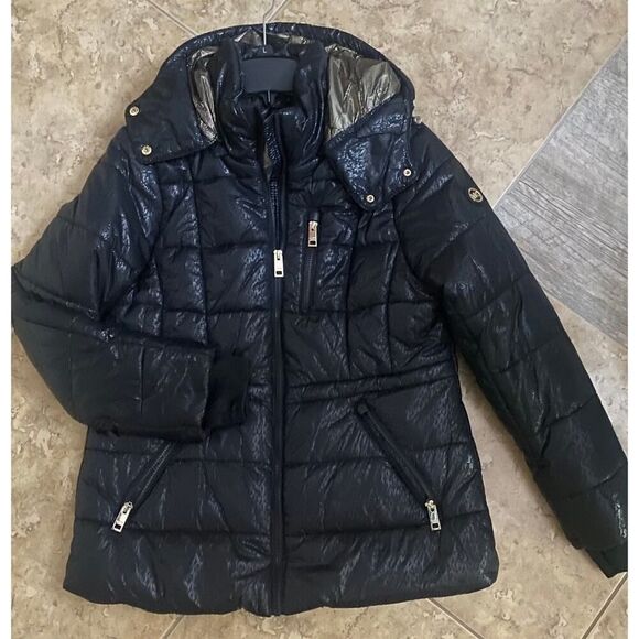 Michael kors shiny logo winter puffer jacket coat black gold plus2xl xxl hooded - Picture 3 of 13